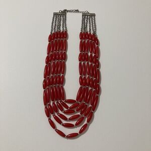 Red Silver Tone Multi-Strand Multi-Layered Beaded Statement Bib Necklace